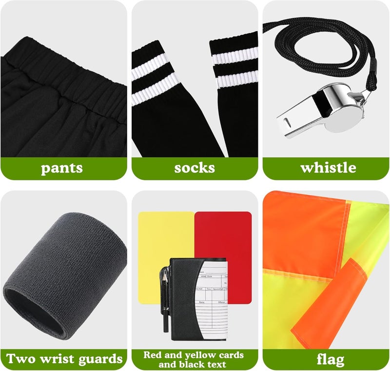 INFLATJOY Store 7 Pcs Soccer Referee Kit Costume Men Referee Shirt Shorts Soccer Ref Referee Cards Whistle Socks Flags Wristband - Image 4